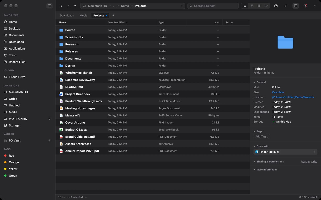 Branchway in list view: three tabs, a Projects folder with folders listed above files, and the inspector showing the folder’s details
