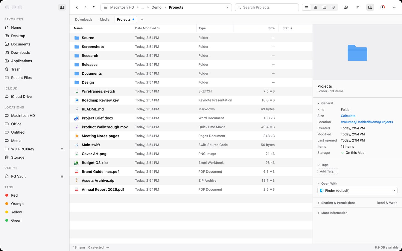Branchway in list view: three tabs, a Projects folder with folders listed above files, and the inspector showing the folder’s details