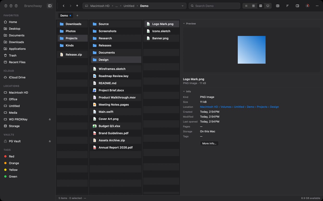 Branchway: column view, with a preview of the selected file