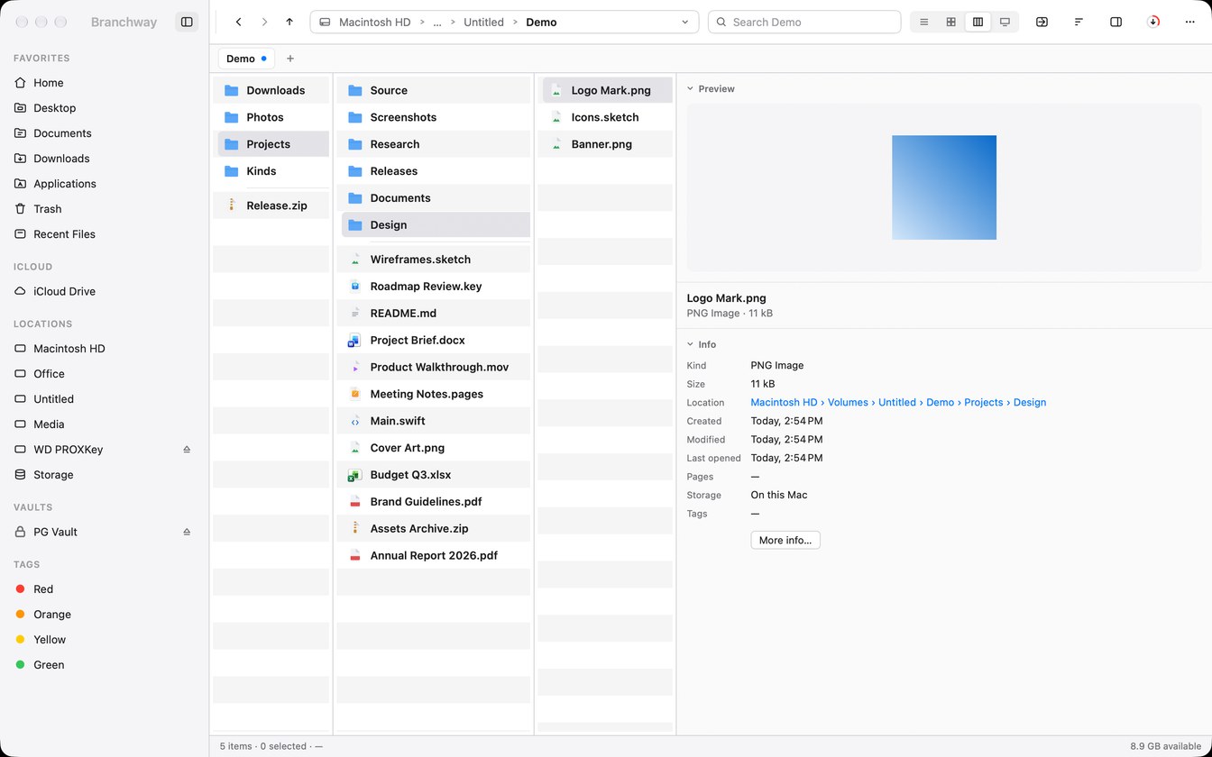 Branchway: column view, with a preview of the selected file
