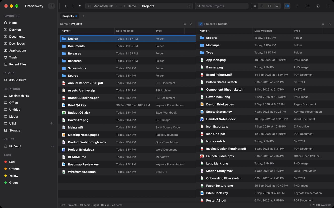 Branchway: two panes side by side, sync browsing on