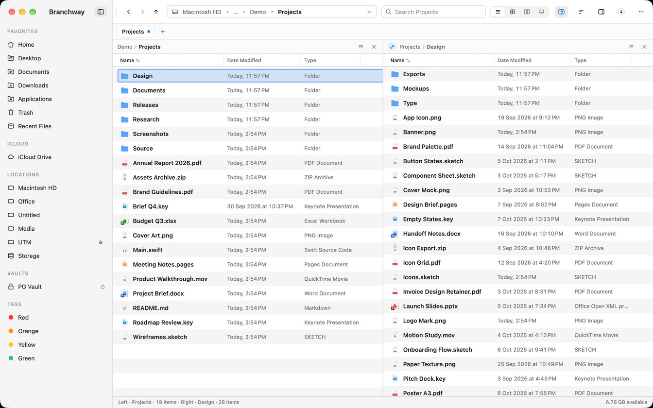 Branchway: two panes side by side, sync browsing on