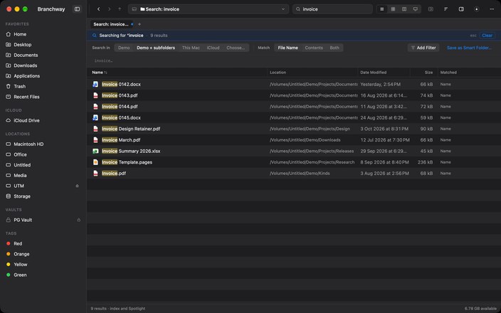 The search page with a query, its scope and the matching file