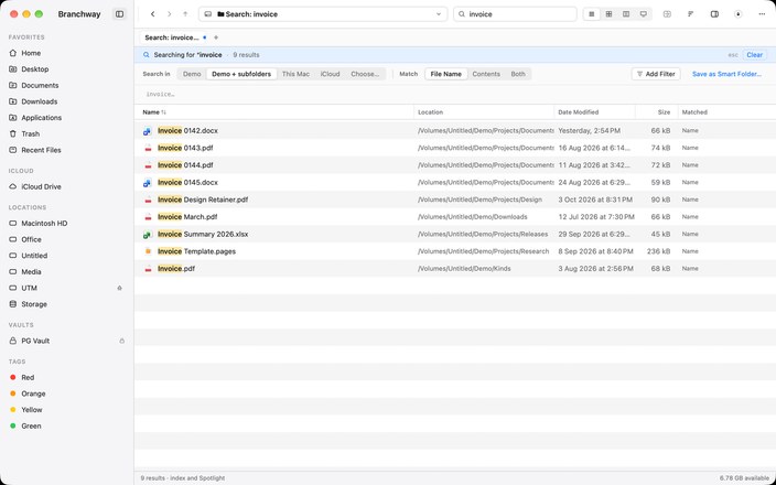 The search page with a query, its scope and the matching file