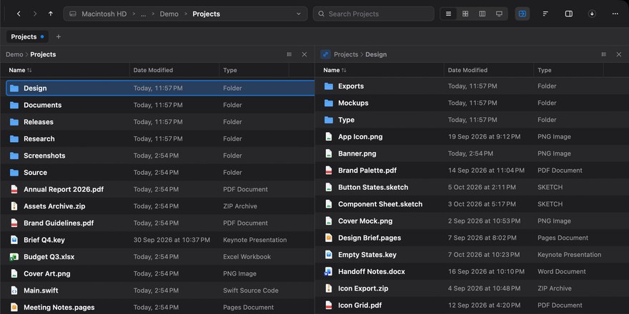 Two panes with Sync Browsing on: a folder selected on the left opens on the right