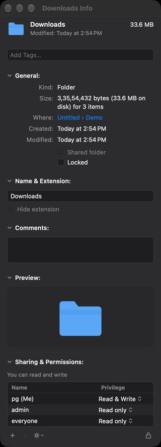 Get Info for a folder with Sharing and Permissions open