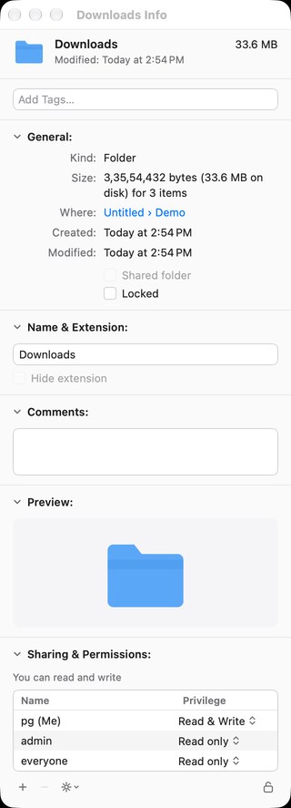Get Info for a folder with Sharing and Permissions open