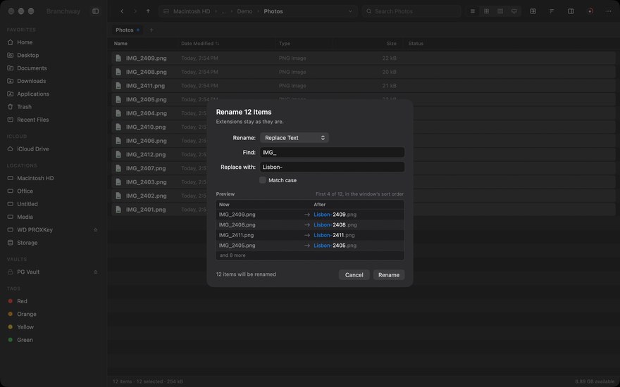 Renaming a batch of items with a live preview of the new names
