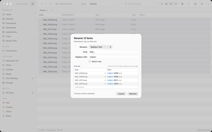 Renaming a batch of items with a live preview of the new names