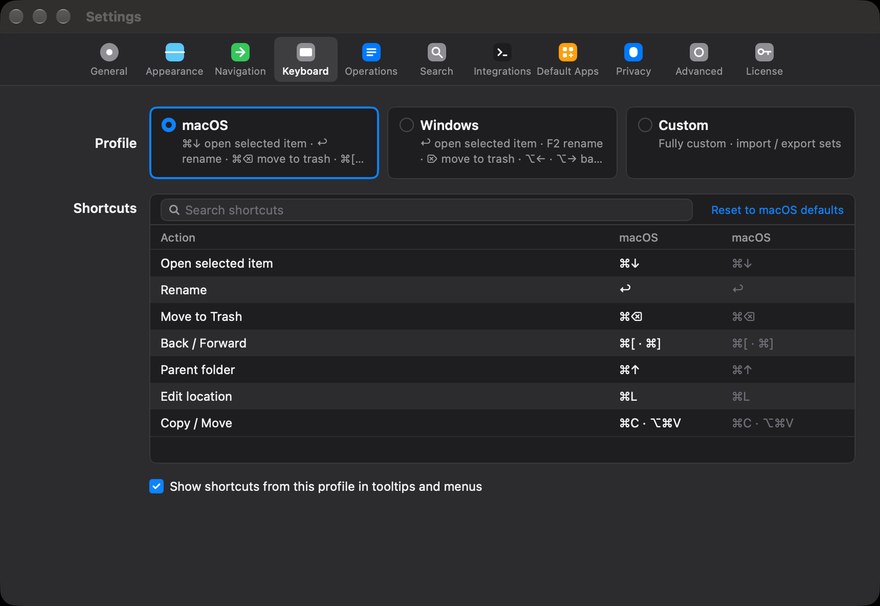 Settings › Keyboard with the profile picker and the shortcut table