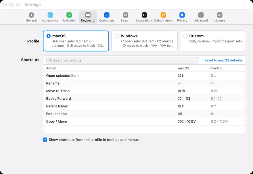 Settings › Keyboard with the profile picker and the shortcut table