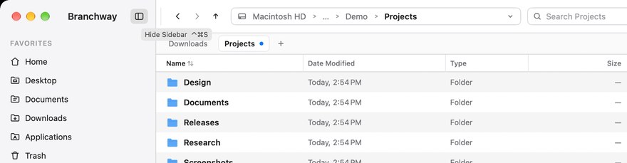 The Hide Sidebar toolbar tooltip naming its shortcut, ⌃⌘S