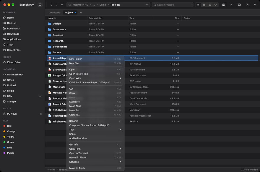 A file’s context menu with Reveal in Finder, Share and Open With
