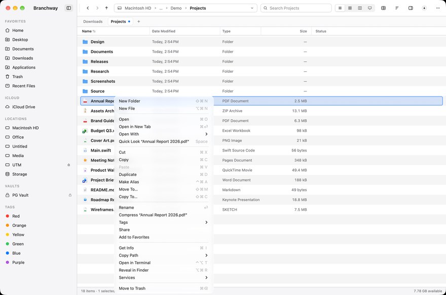 A file’s context menu with Reveal in Finder, Share and Open With
