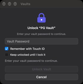 The unlock panel asking for the vault password or Touch ID