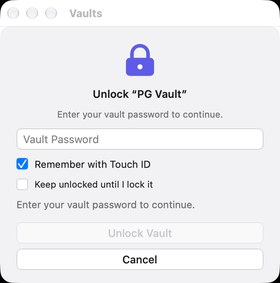 The unlock panel asking for the vault password or Touch ID