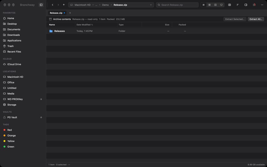 A zip archive opened in place in list view