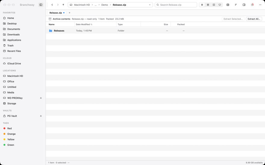 A zip archive opened in place in list view