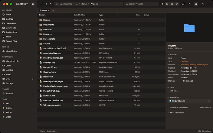 Branchway in the Graphite Ember theme, dark look