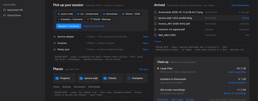 The Home page as designed: a search box, the files that arrived in the last three days, most visited folders and pinned places