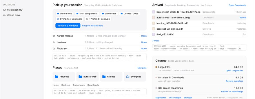 The Home page as designed: a search box, the files that arrived in the last three days, most visited folders and pinned places