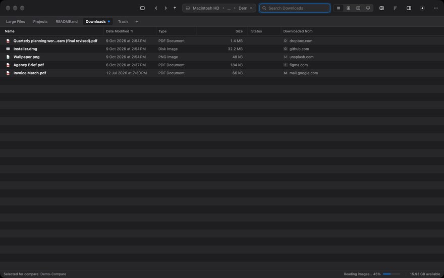 The Downloads folder in list view with a Downloaded from column naming the site each file came from