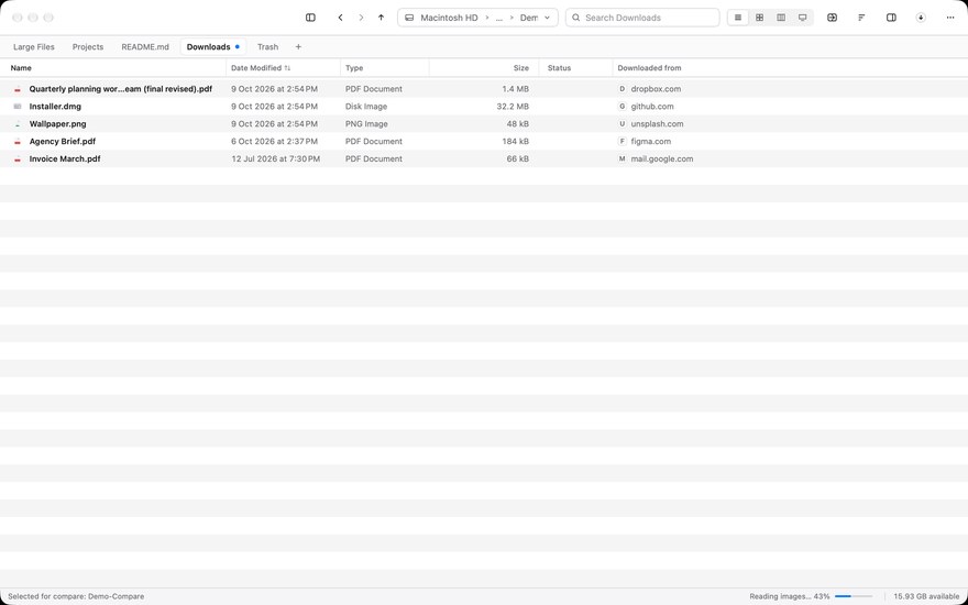 The Downloads folder in list view with a Downloaded from column naming the site each file came from