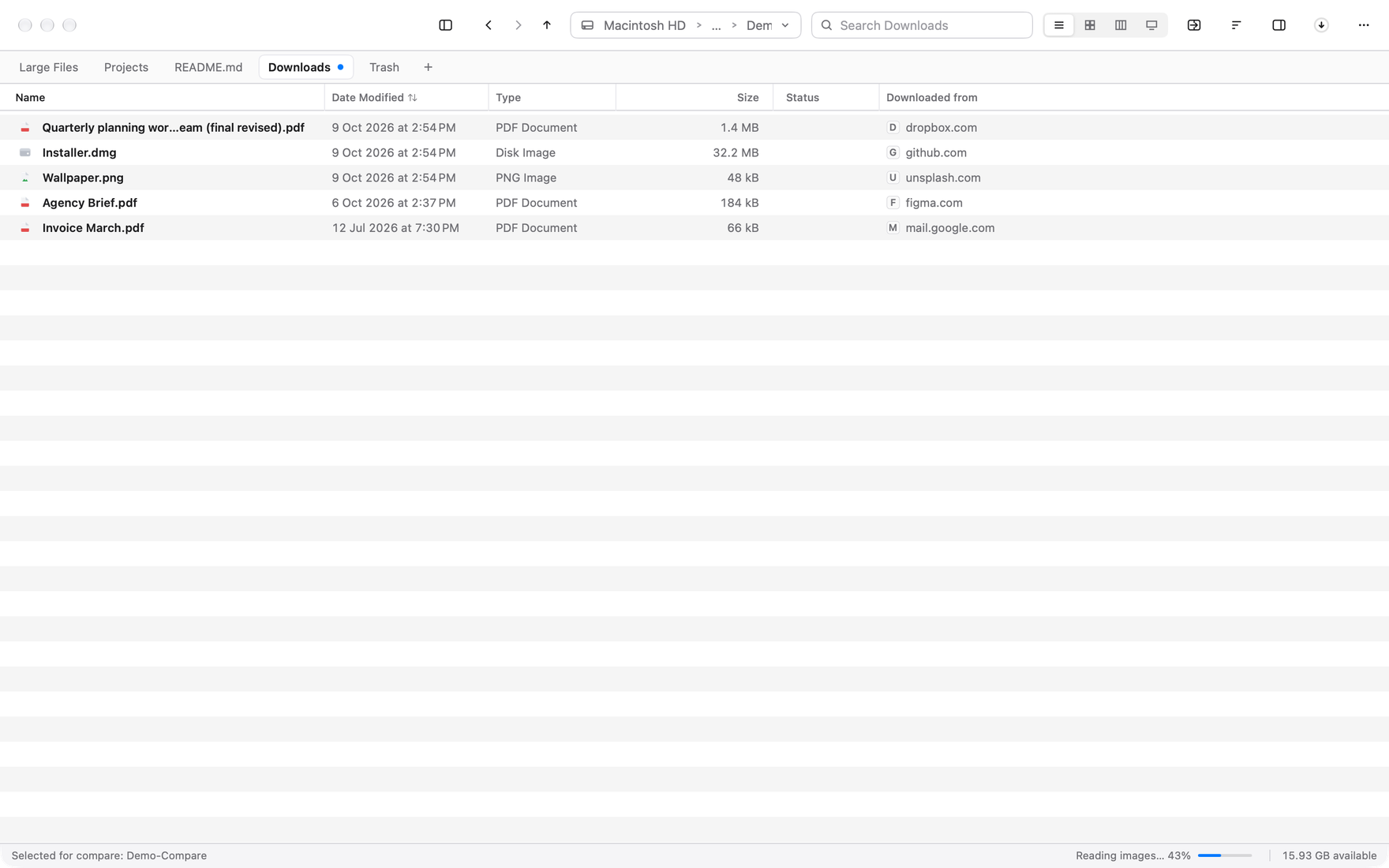Branchway list view of a Downloads folder with a Downloaded from column showing the site each file came from.