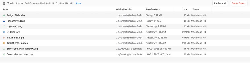 The Trash page with hidden items counted in its summary and a Deleted date on each row