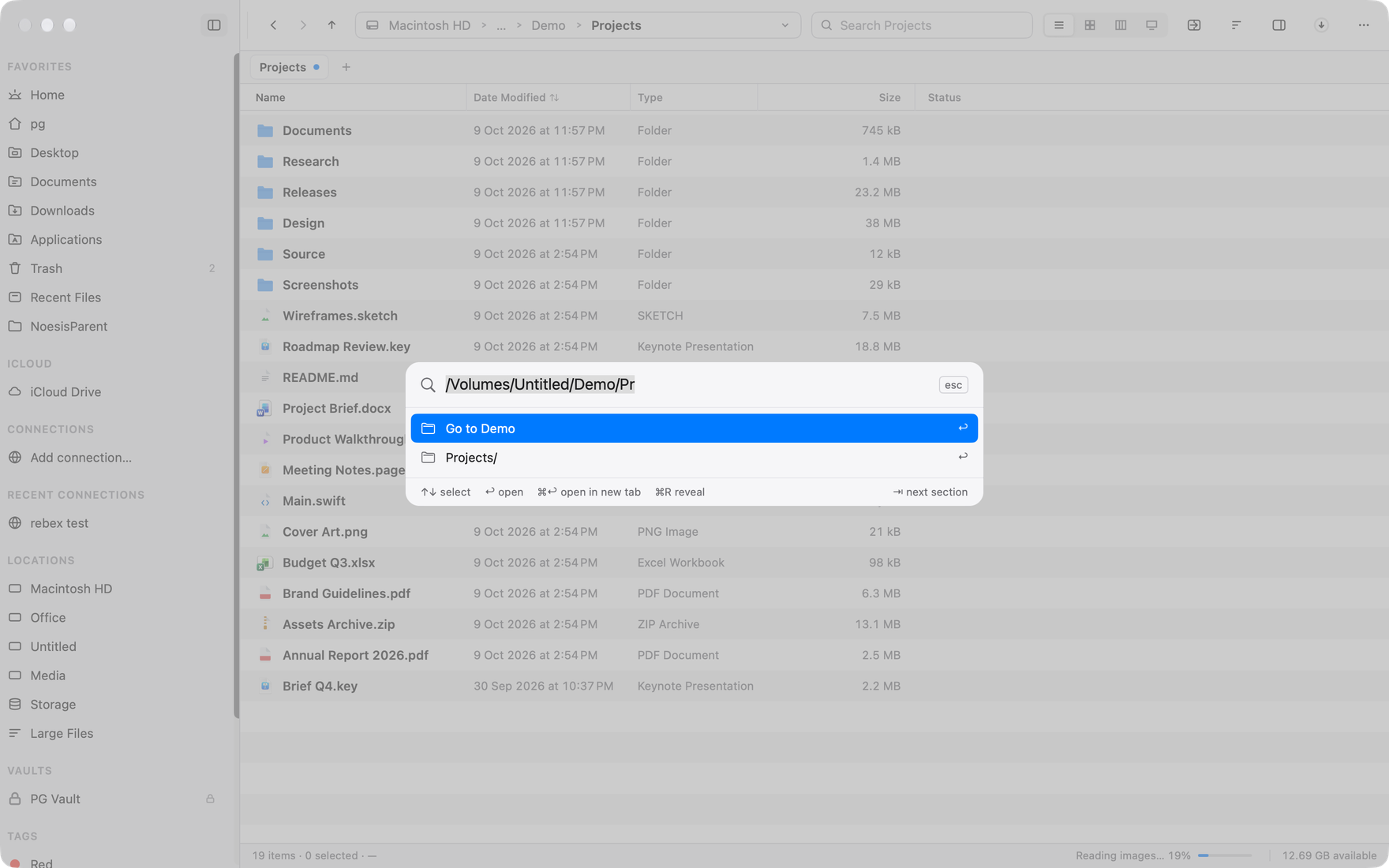 The Branchway command palette listing the folders inside a typed path, with a preview beside the results.