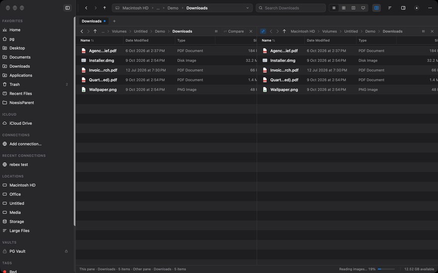 Two panes, each with its own header: back, forward, up, a breadcrumb path and a history popover open on one of them