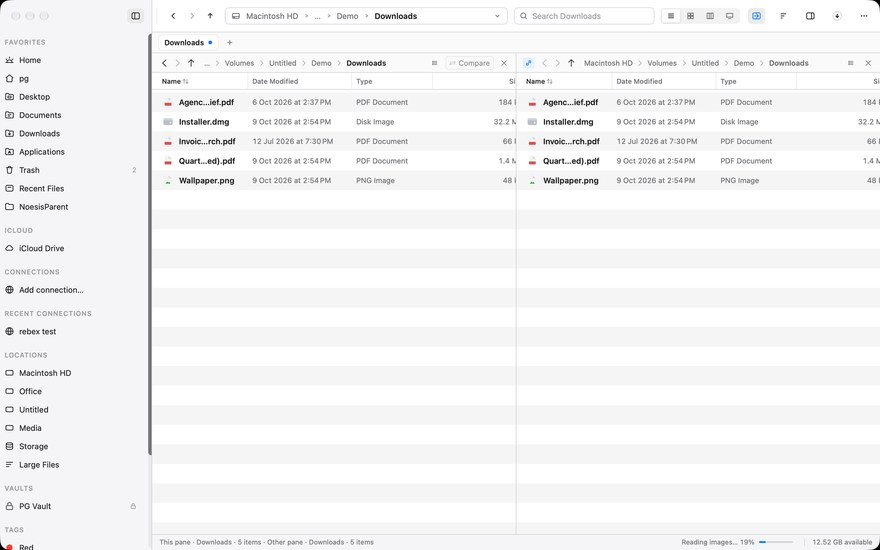 Two panes, each with its own header: back, forward, up, a breadcrumb path and a history popover open on one of them