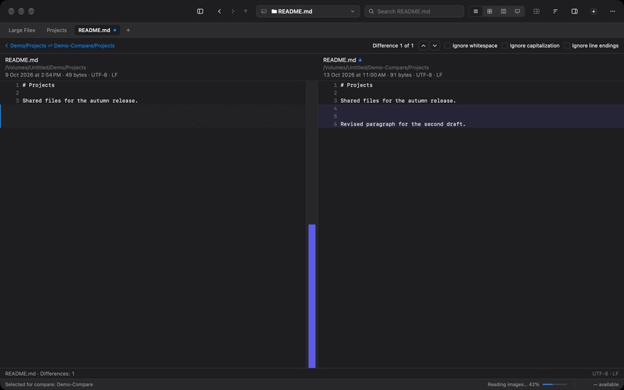 A side-by-side text diff of one file, with Difference 1 of 1 and a map of the changes