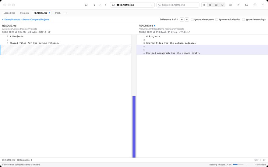 A side-by-side text diff of one file, with Difference 1 of 1 and a map of the changes
