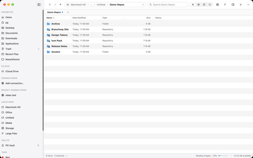 A projects folder in list view where the repository folders carry a small badge on their icon and say Repository in the Kind column